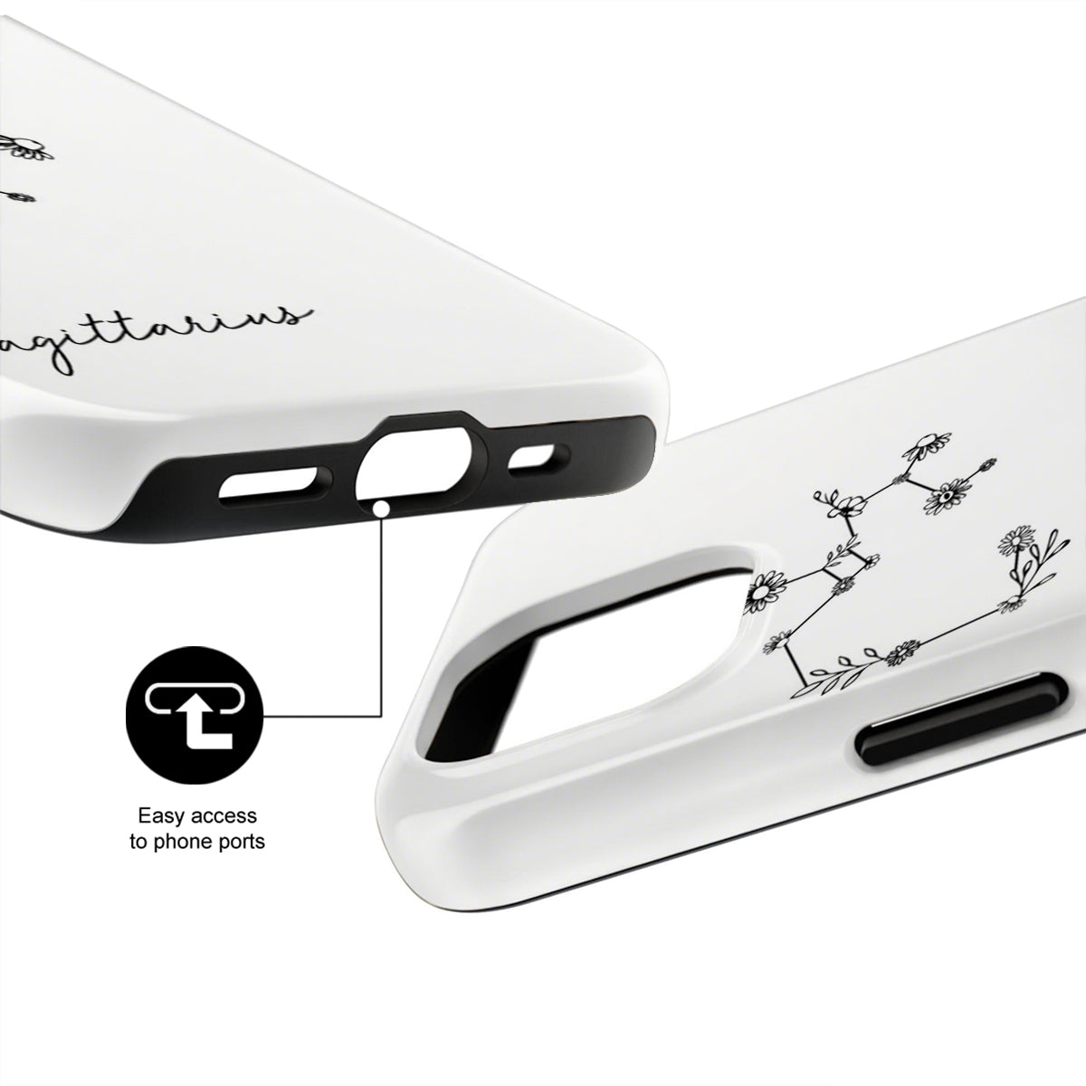 White phone case with zodiac design and text on a white background