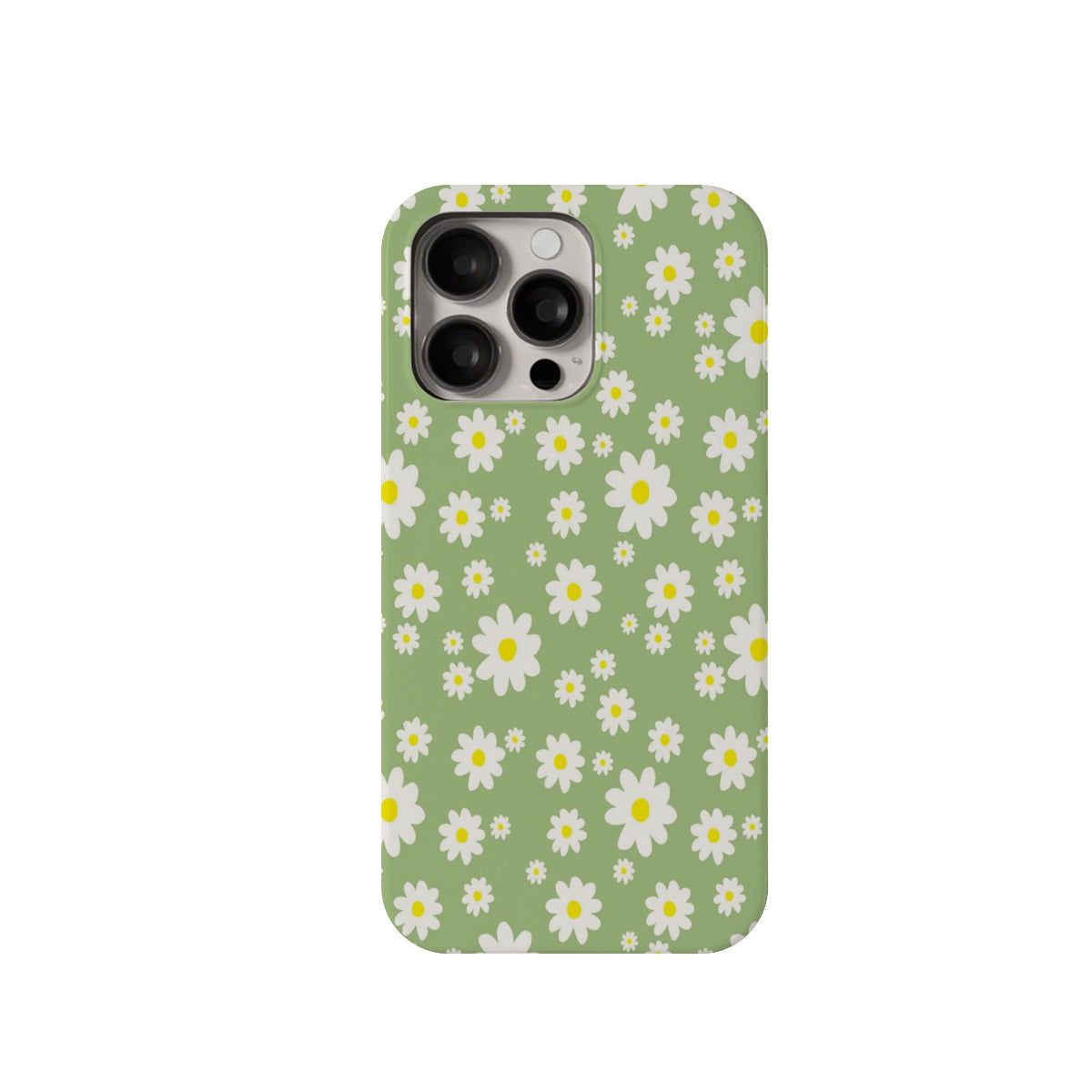 Phone case with daisy pattern on a green background