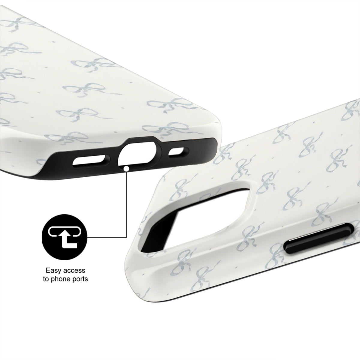 White phone case with blue patterns and ports accessibility feature on a white background