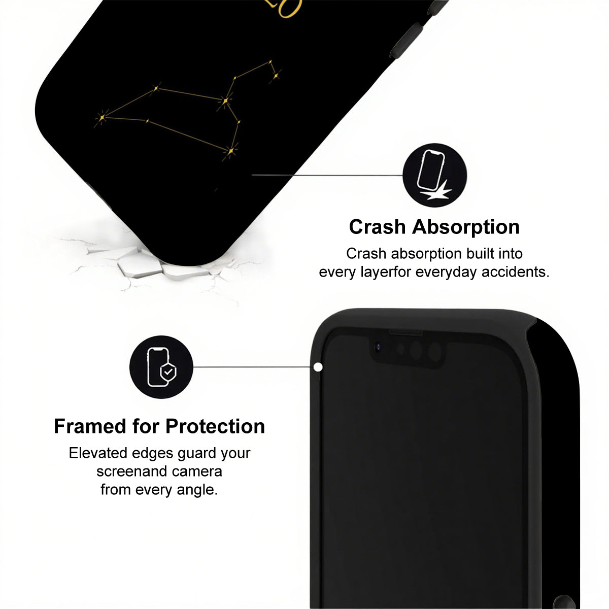 Black phone case with text highlighting crash absorption and protection features on a white background