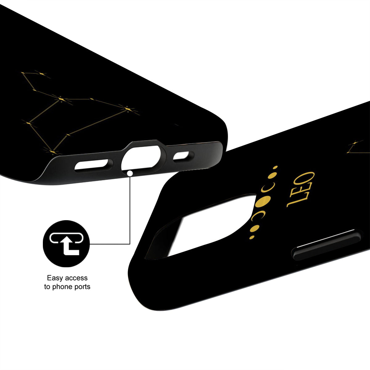 Black phone case with 'LEO' branding and port accessibility features on a white background