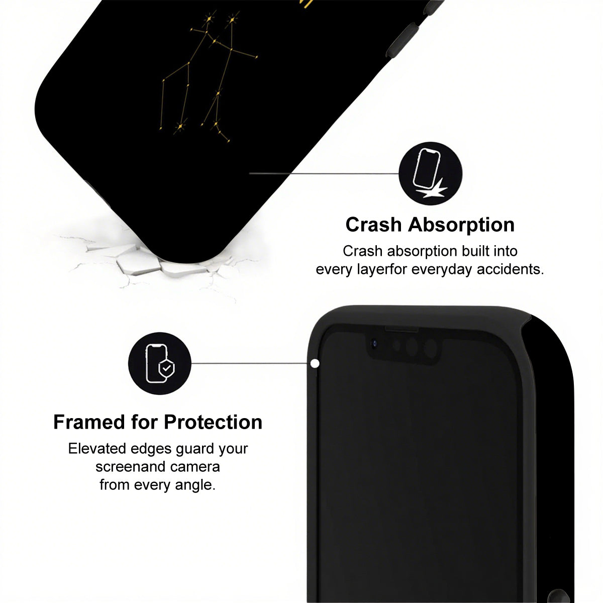 Black phone case with crash absorption and protection features on a white background