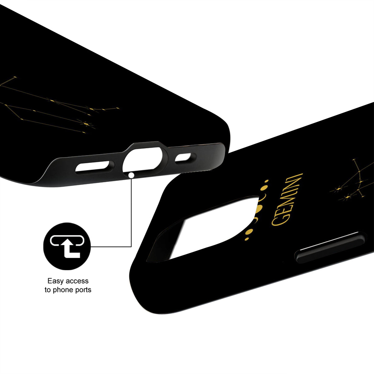 Black phone case with 'Gemini' branding and text indicating easy access to phone ports on a white background.