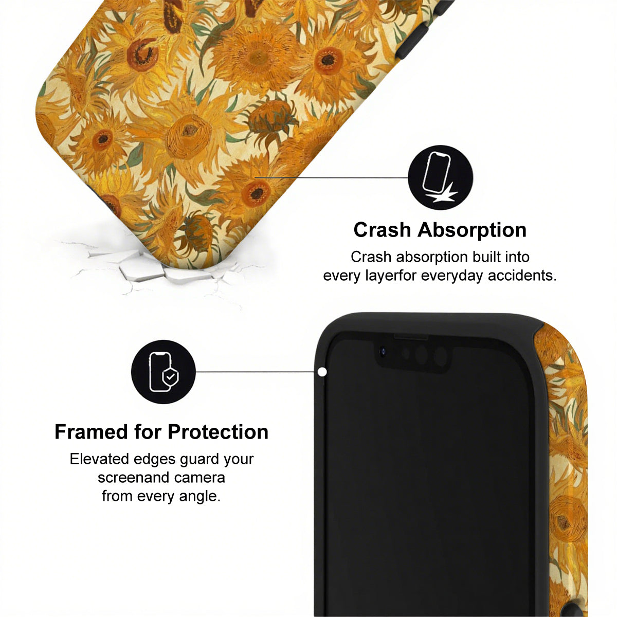 Phone case with sunflower design and text about crash absorption and protection.