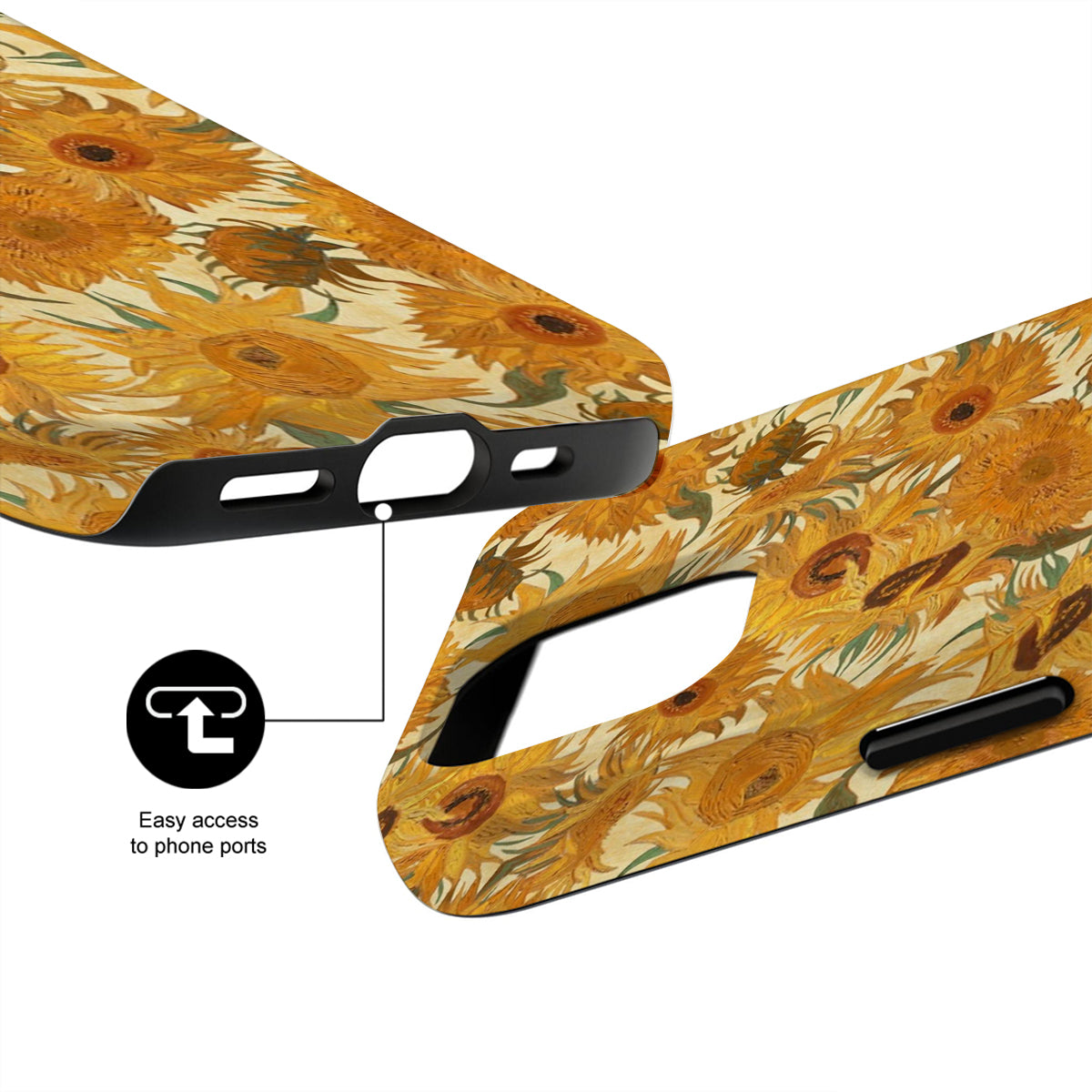 Phone case with sunflower design and text indicating easy access to phone ports