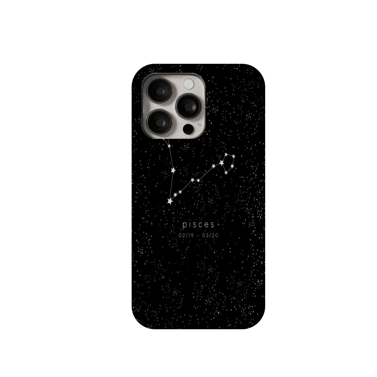 Black phone case with Pisces zodiac sign design on a white background