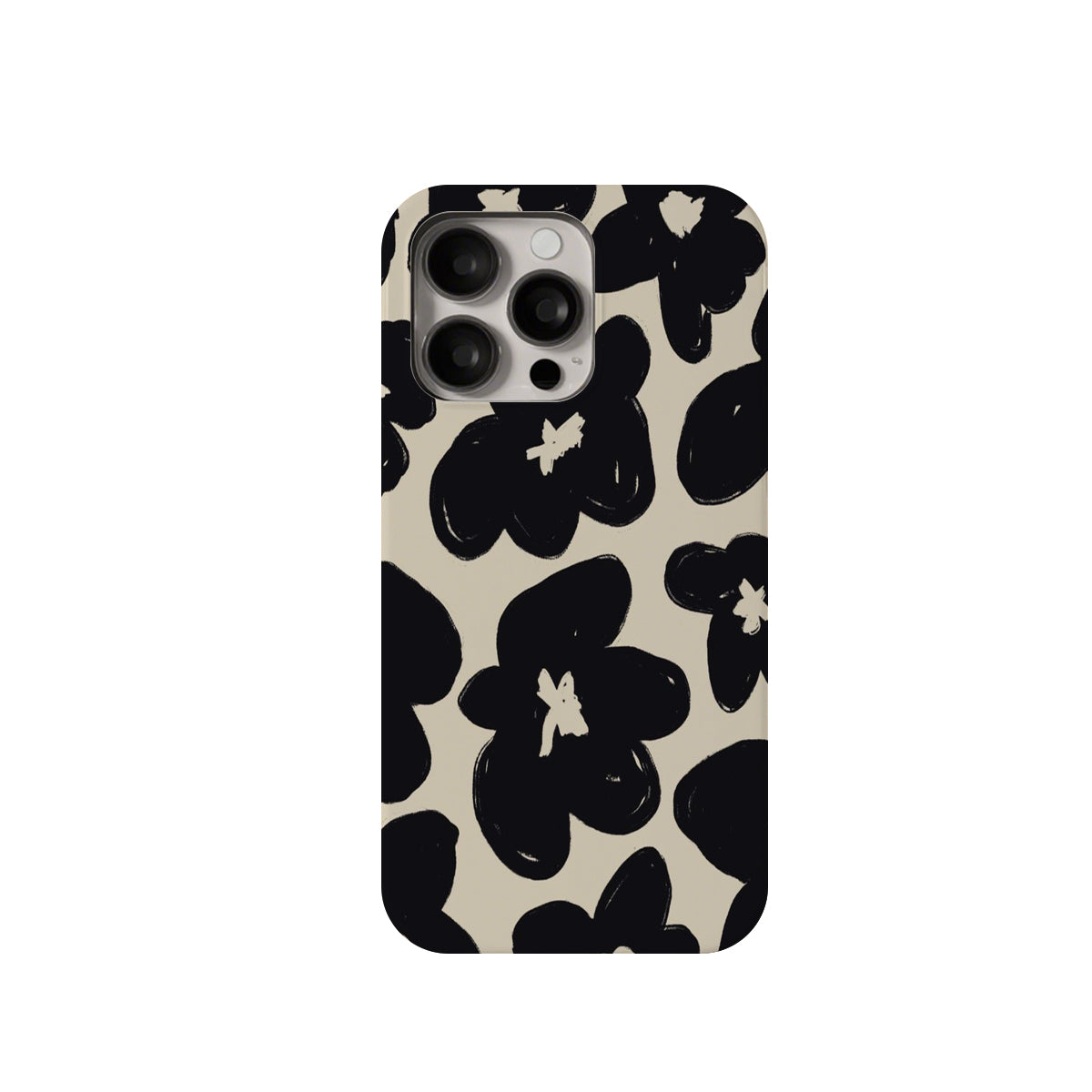Phone case with black floral pattern on a beige background