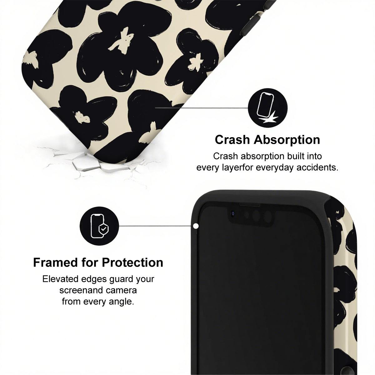 Phone case with black floral pattern and text highlighting crash absorption and protection features.