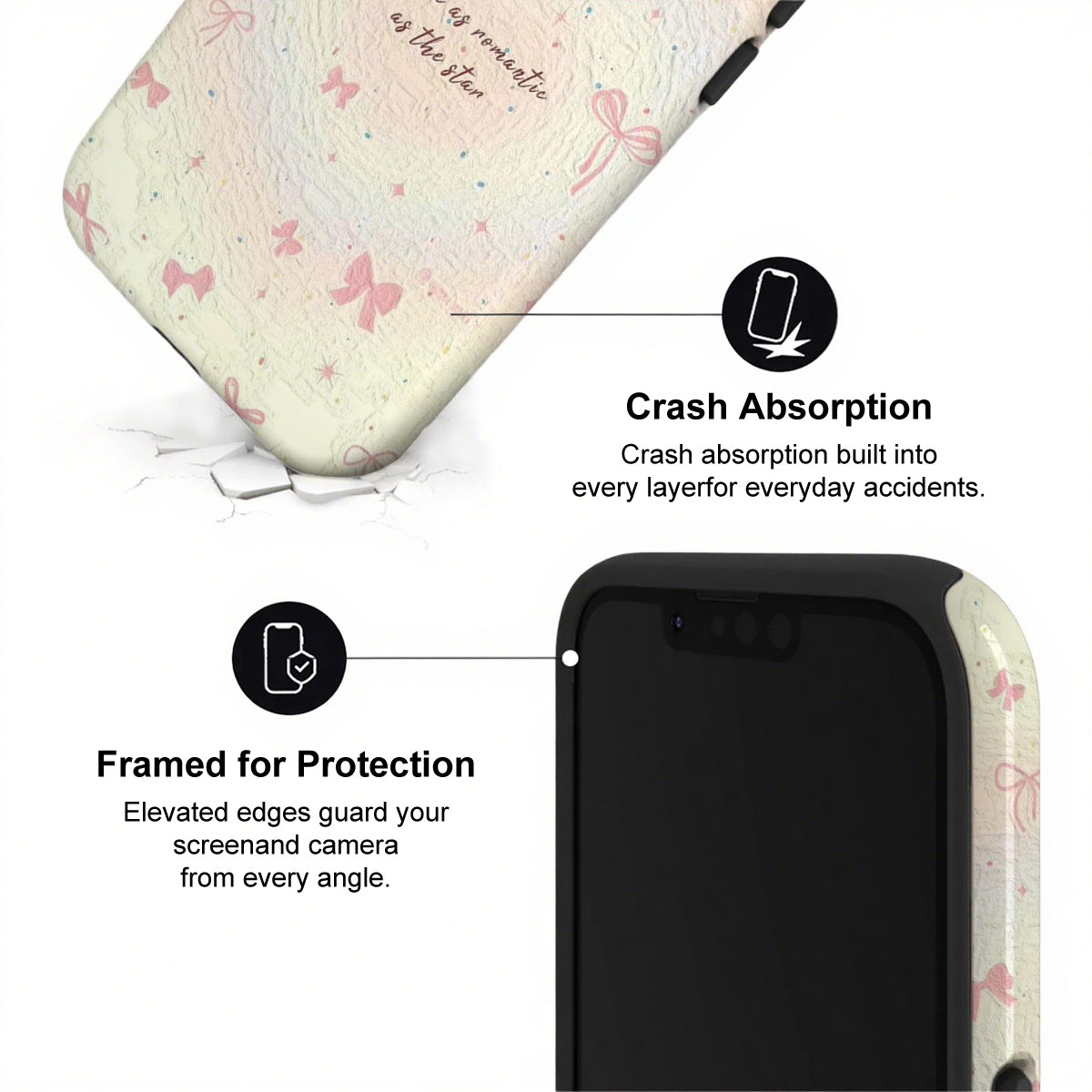 Phone case with butterfly design and text about crash absorption and protection.