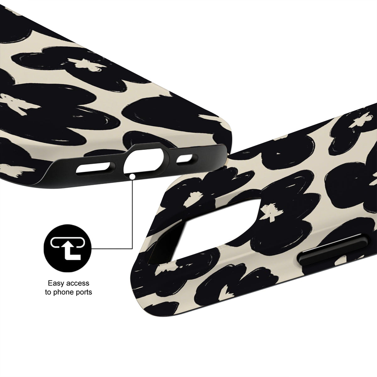 Phone case with black floral pattern on a white background