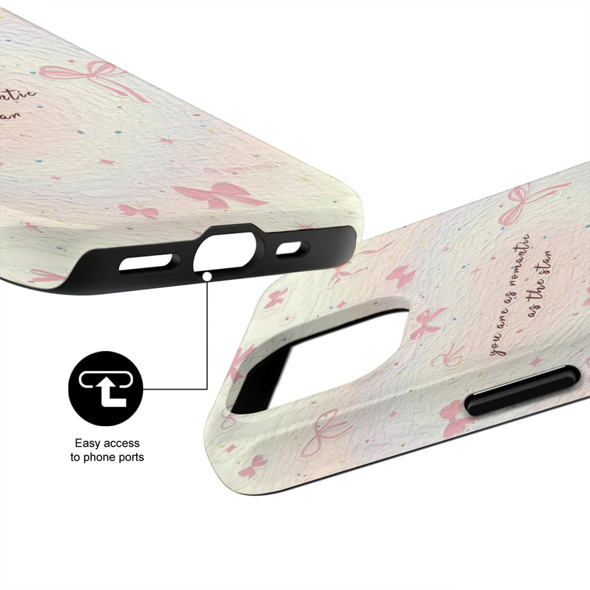 Phone case with butterfly design and text, showing ease of access to phone ports.