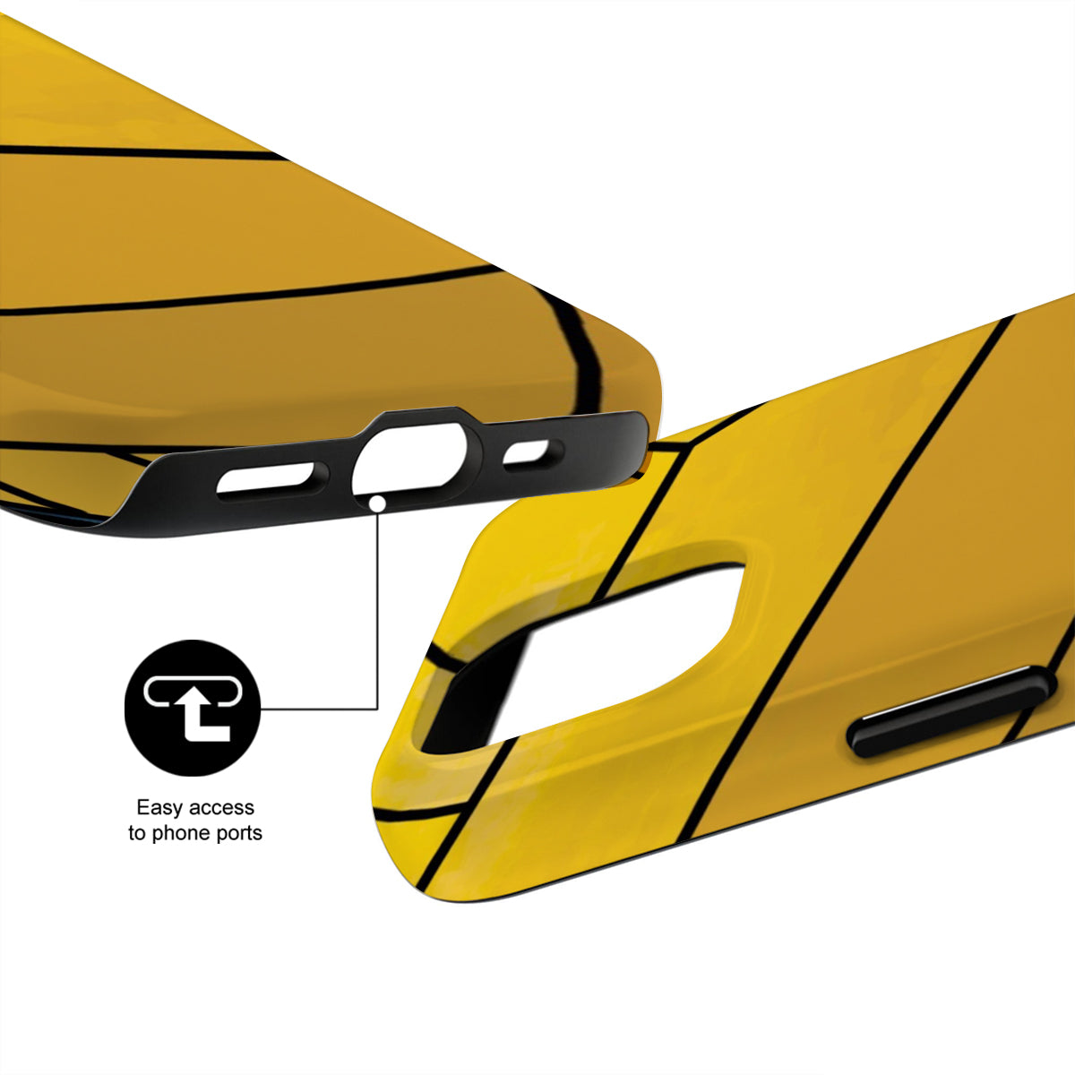 Yellow phone case with black accents and text indicating easy access to phone ports on a white background.