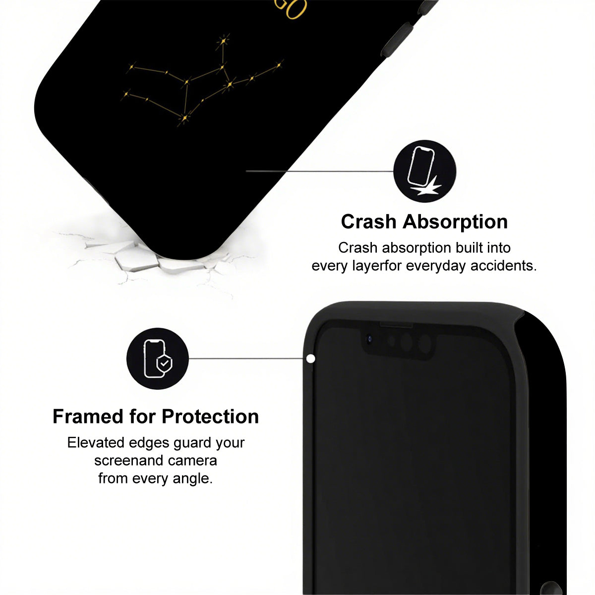 Black phone case with crash absorption and protection features on a white background