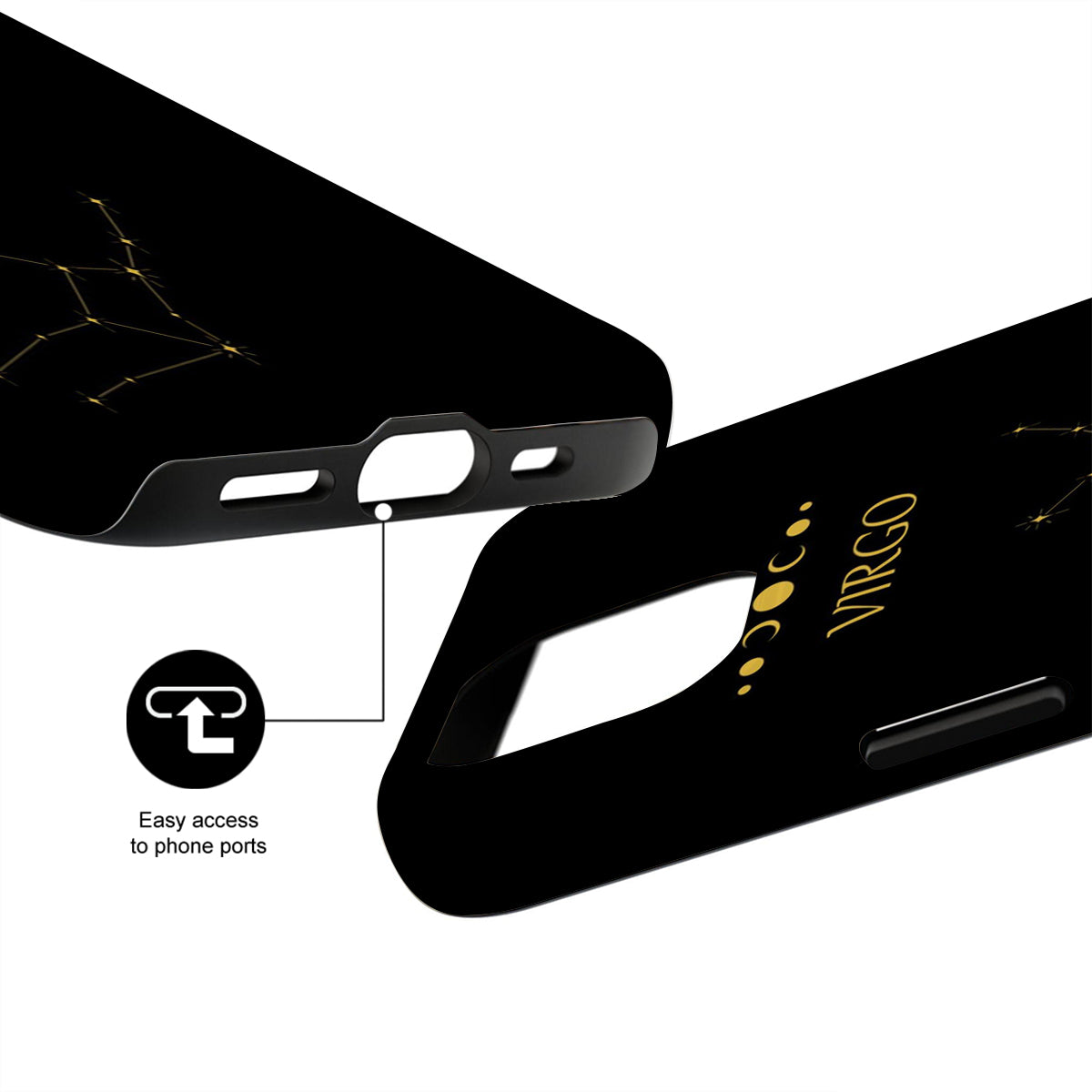 Black phone case with 'Virgo' branding and design details on a white background