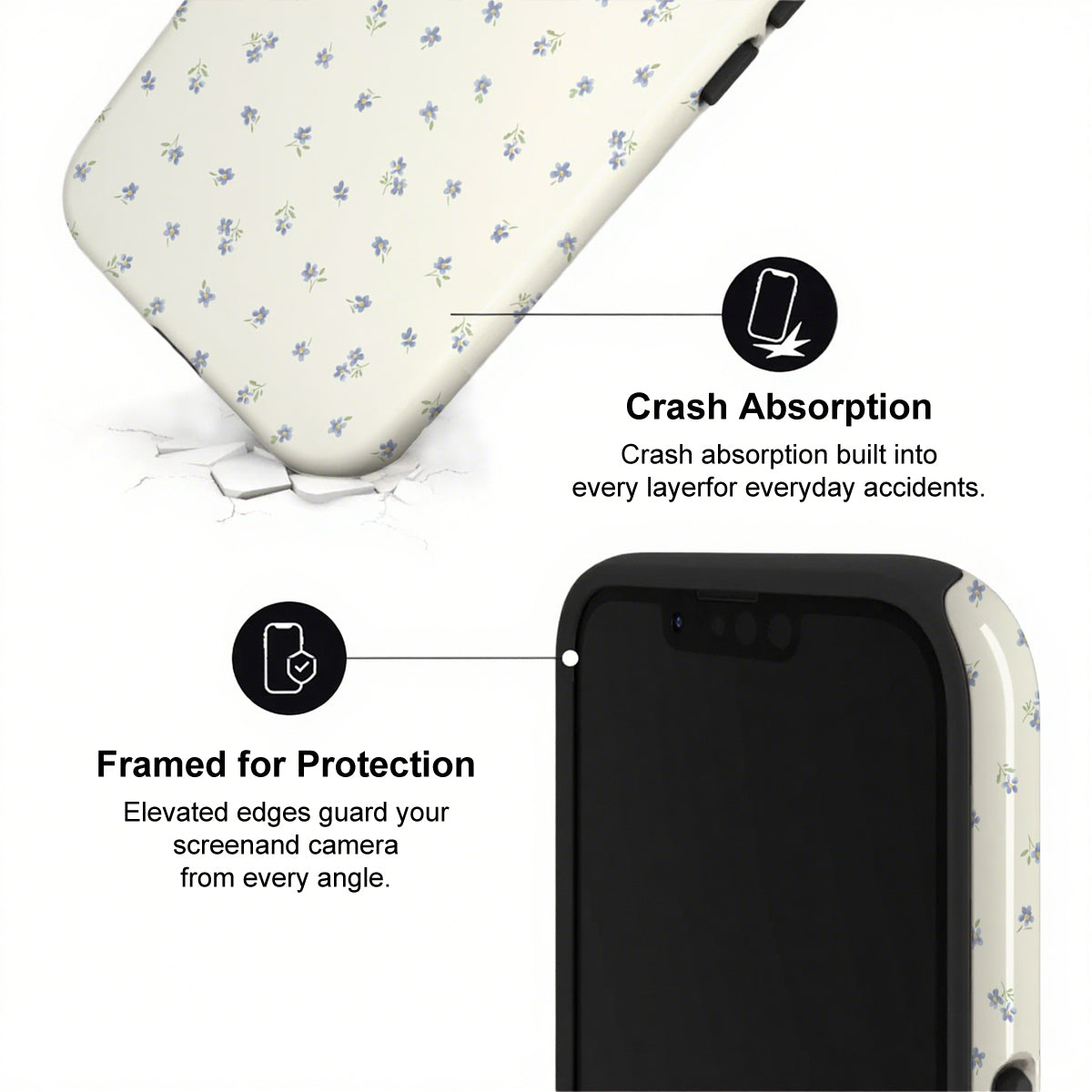 Phone case with text highlighting crash absorption and protection features on a white background