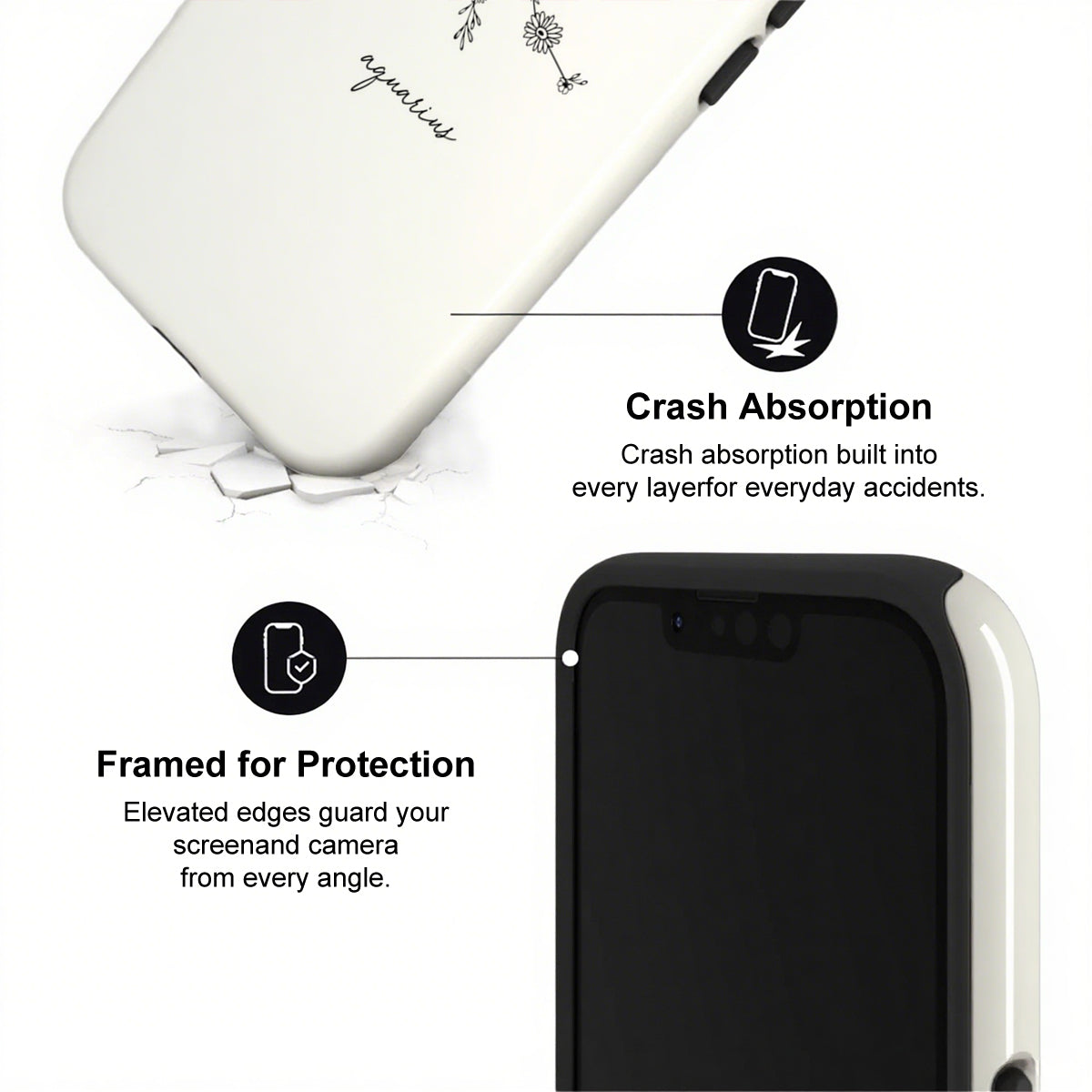 Phone case with crash absorption and protection features on a white background