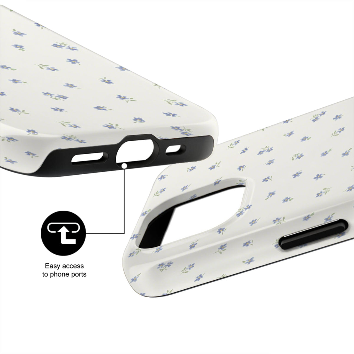 Phone case with floral pattern and text 'Easy access to phone ports' on a white background