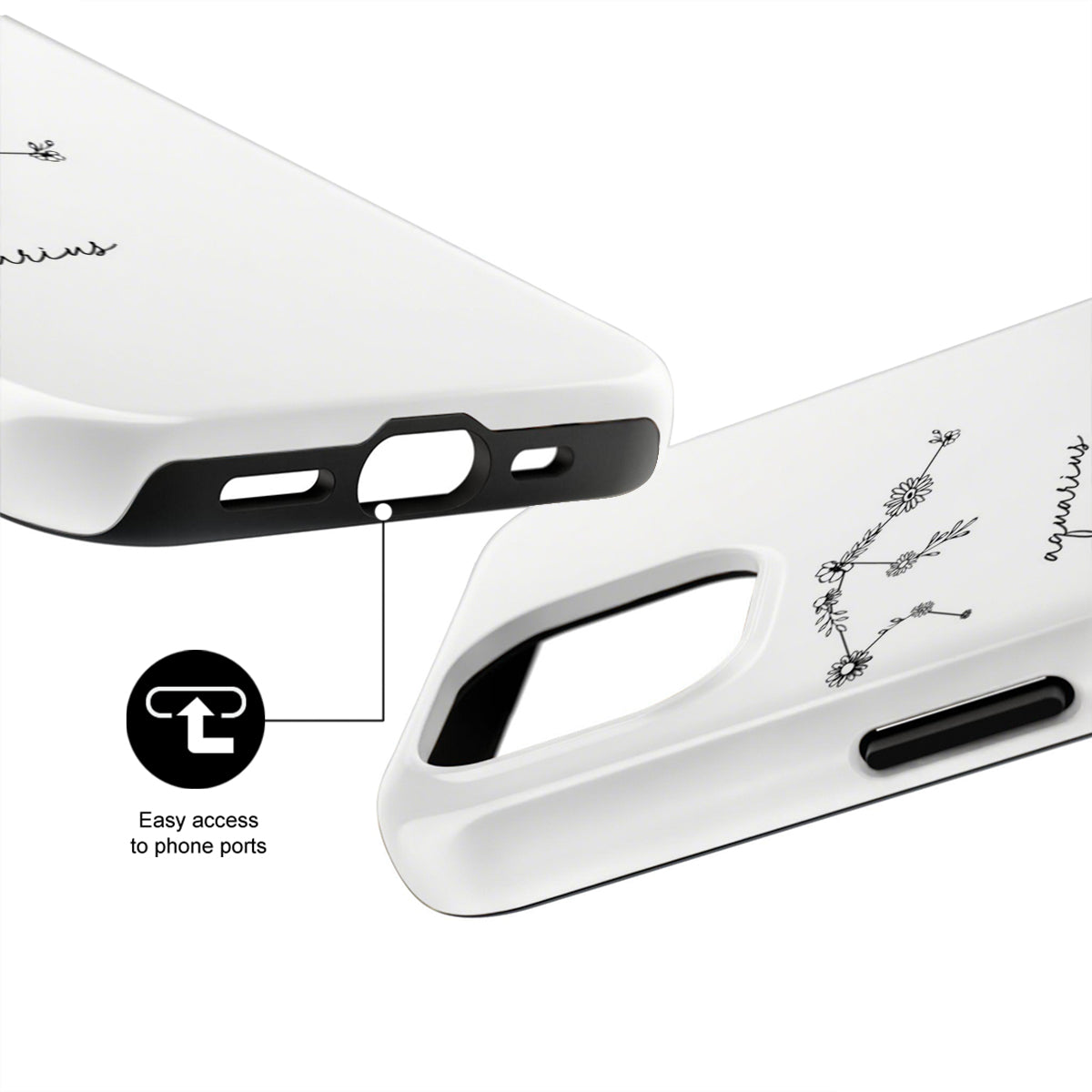 White phone case with floral design and text on a white background