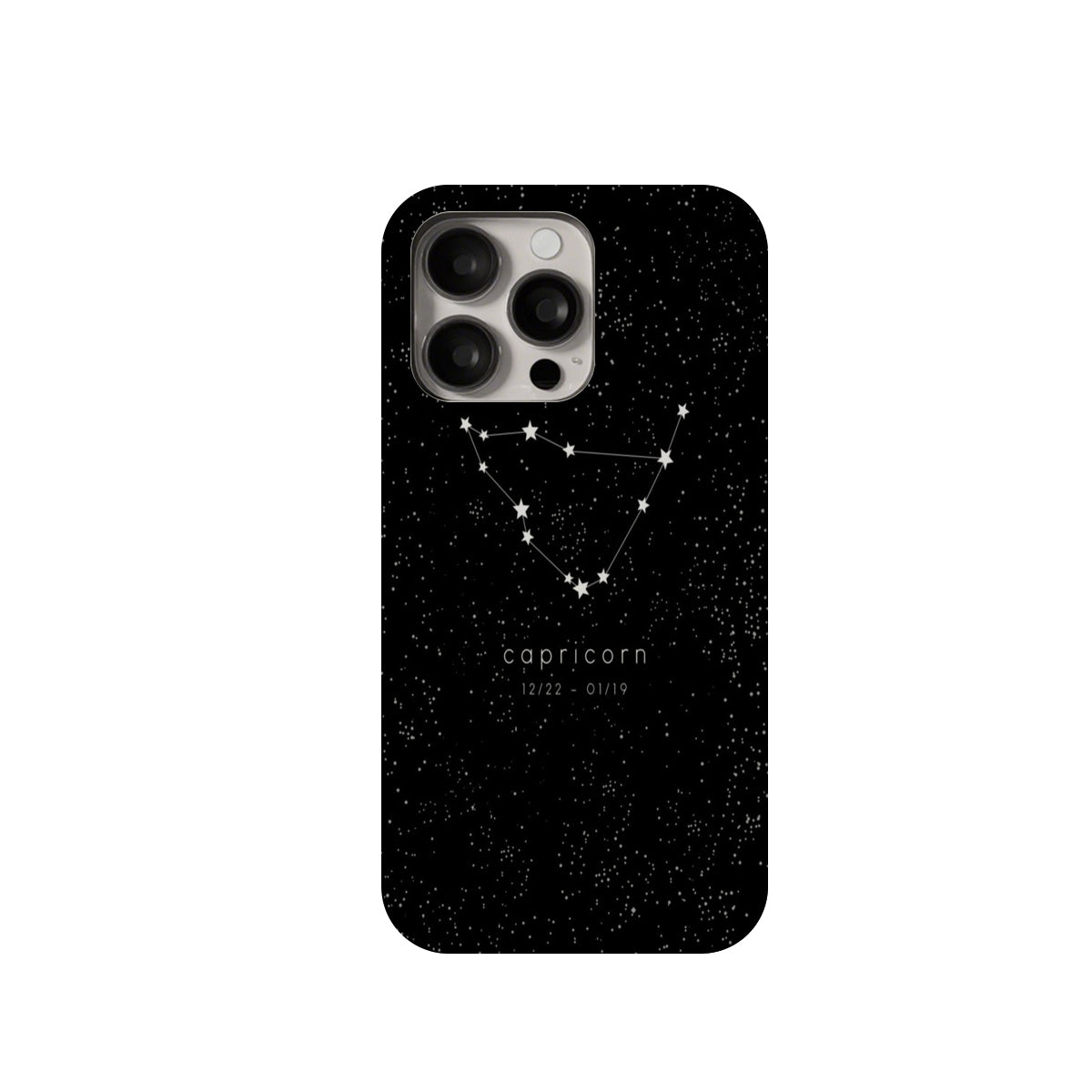 Phone case with Capricorn zodiac constellation design on a black speckled background