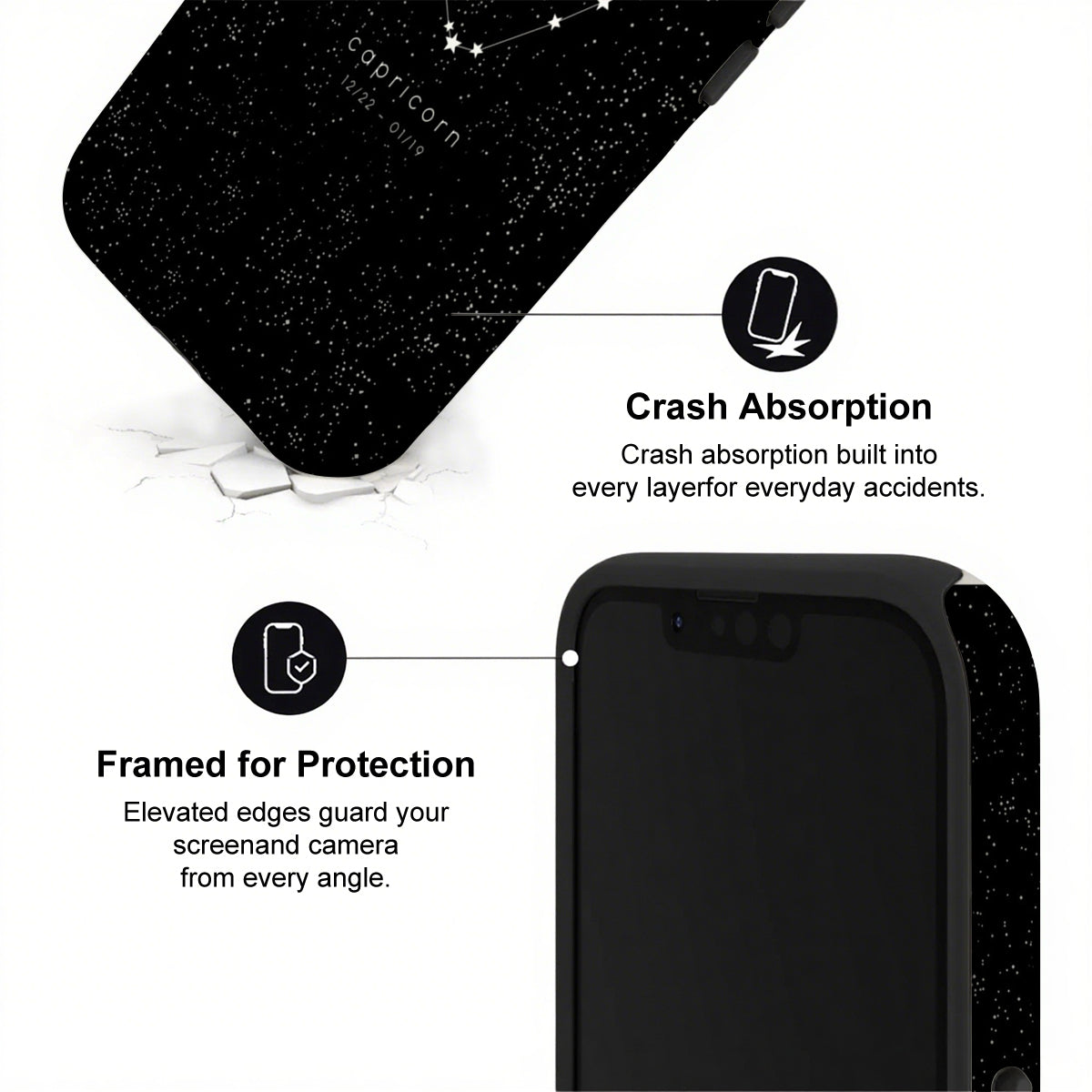 Black phone case with text highlighting crash absorption and protection features on a white background