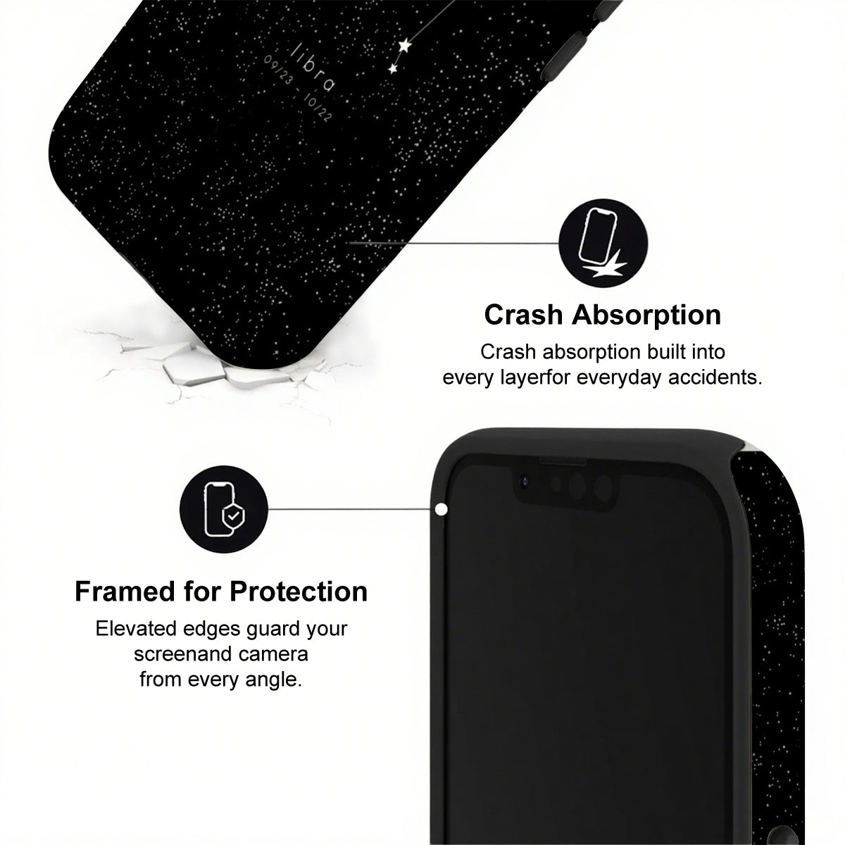 Black phone case with text highlighting crash absorption and protection features on a white background