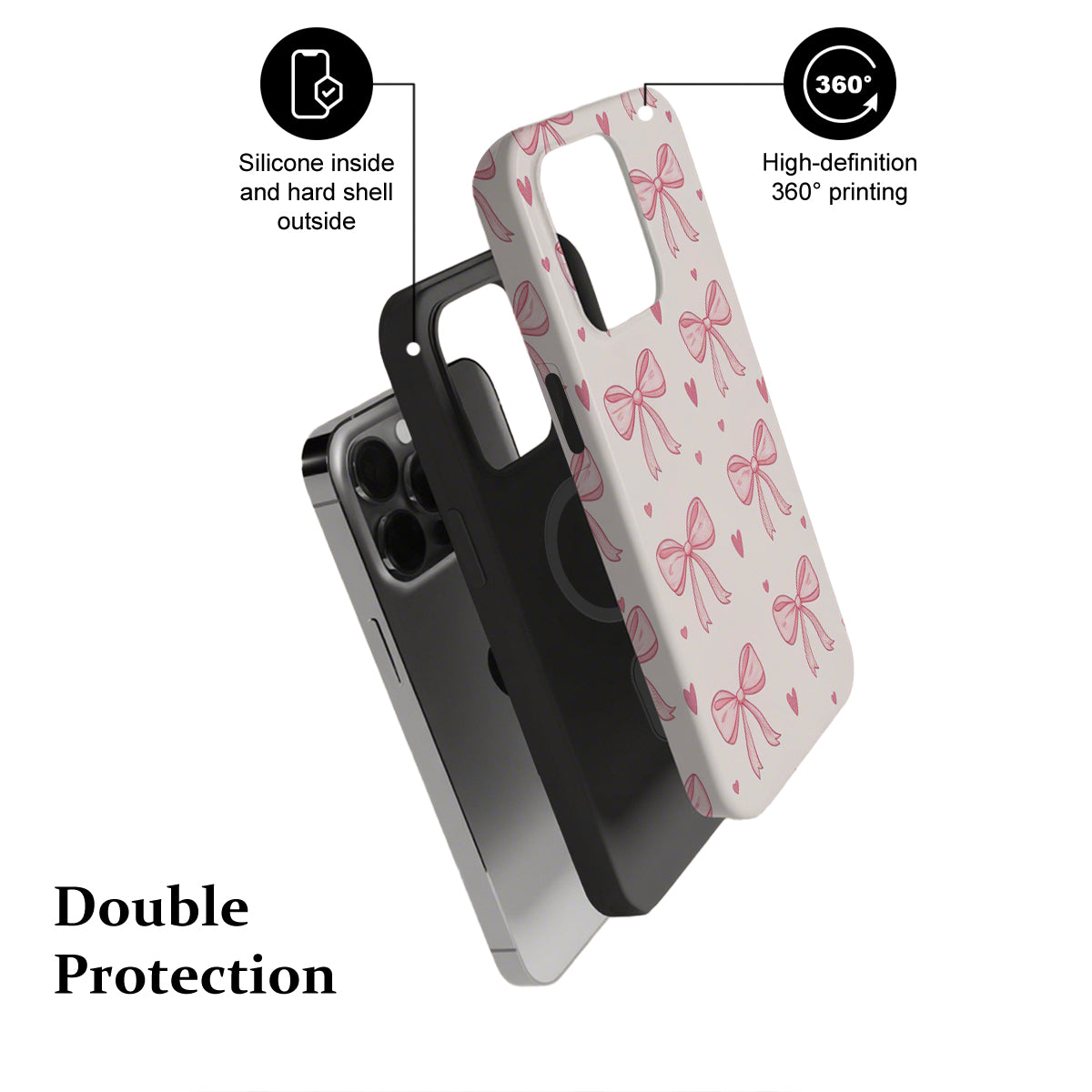 Phone case with pink bow pattern and text highlighting features on a white background