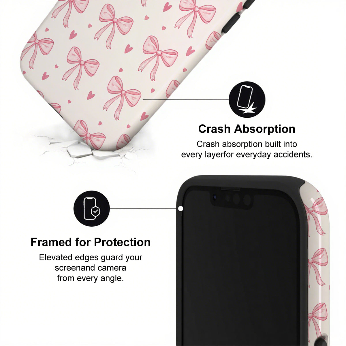 Phone case with pink bow pattern and text highlighting crash absorption and protection features.
