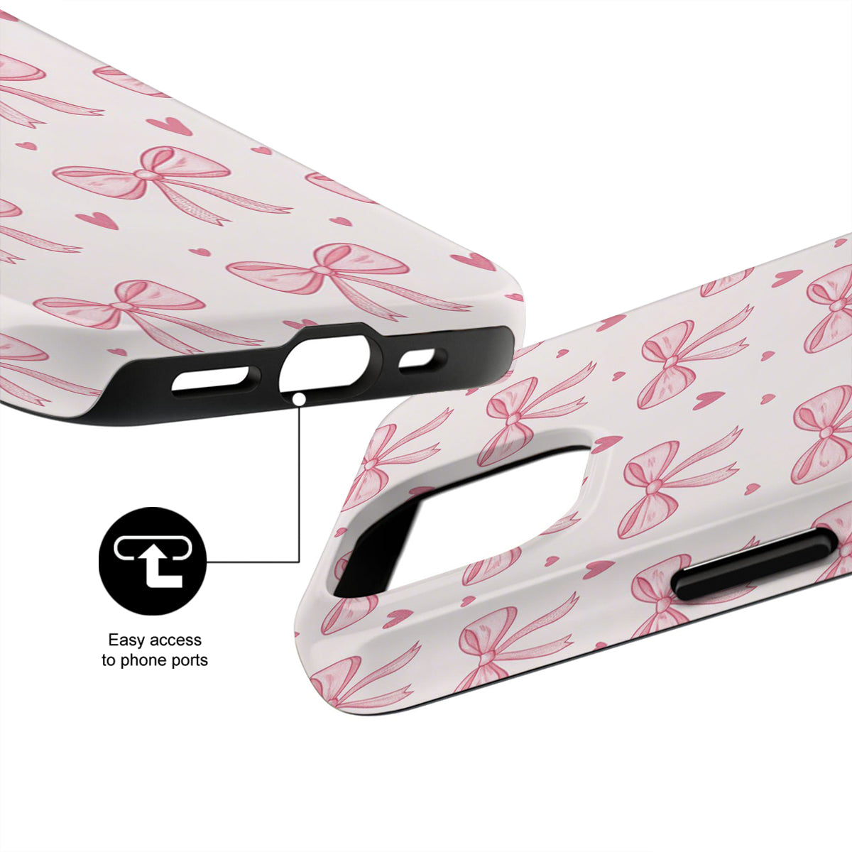 Phone case with pink bow pattern on white background