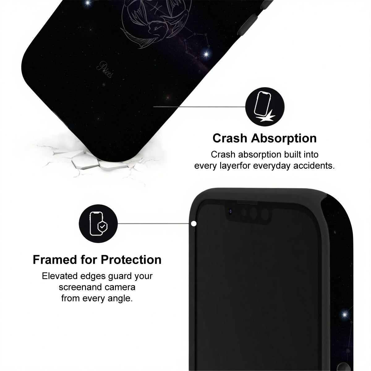 Black phone case with text highlighting crash absorption and protection features on a white background