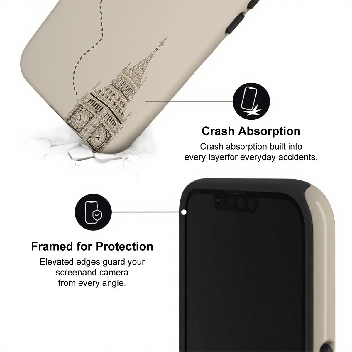 Phone case with crash absorption and protection features on a white background