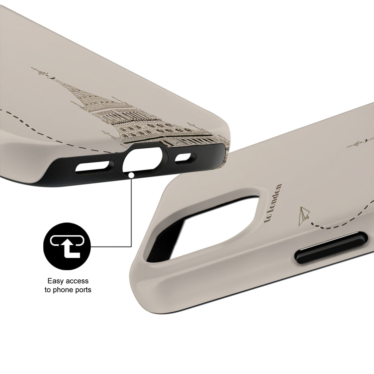 Phone case with Eiffel Tower design and text on a white background