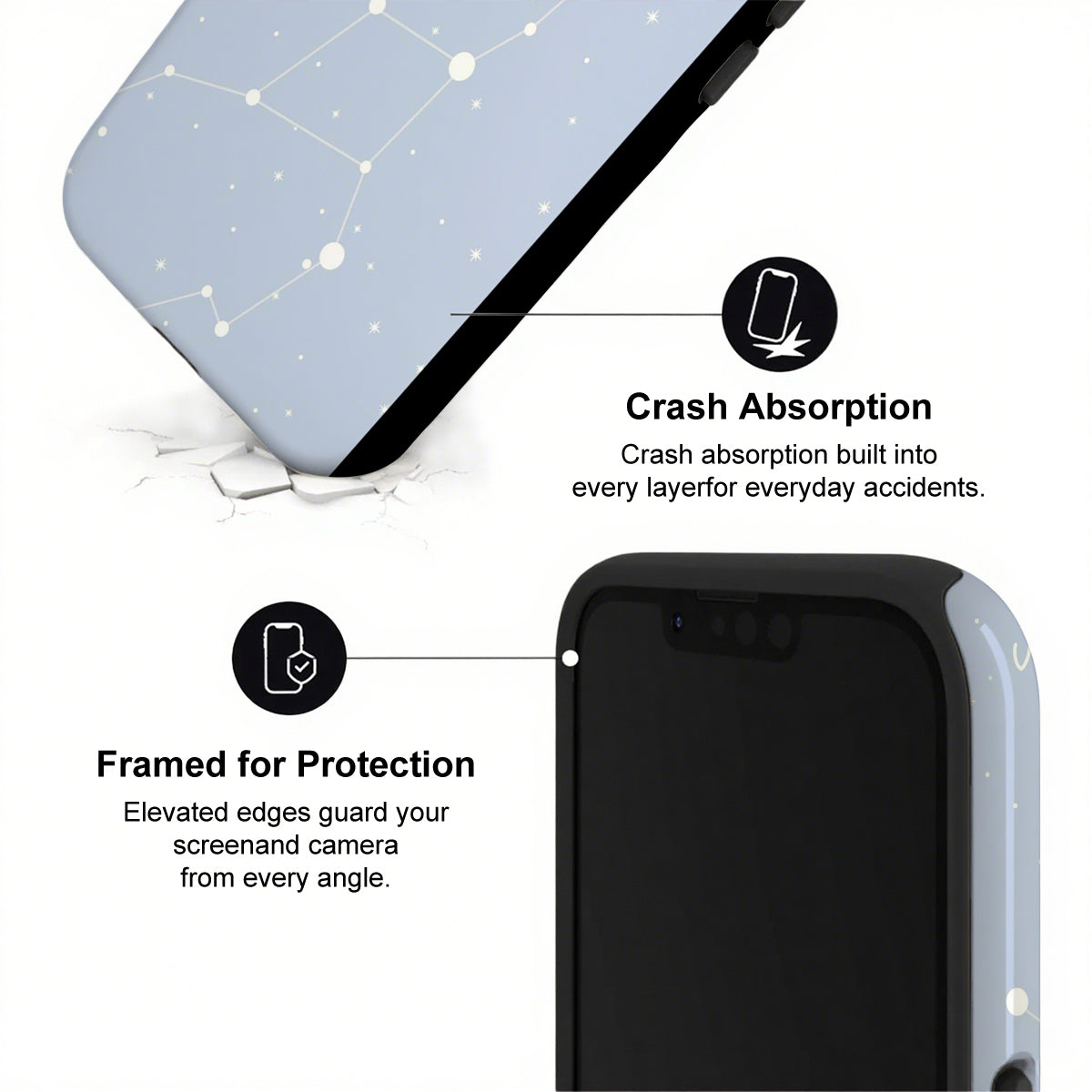 Phone case with crash absorption and protection features on a white background