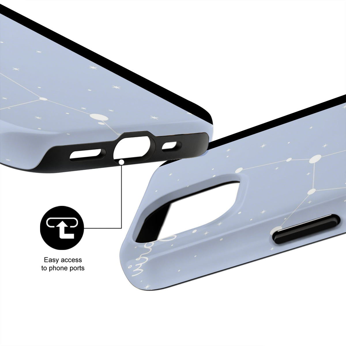 Phone case with clear design and black accents, showing ease of access to phone ports.