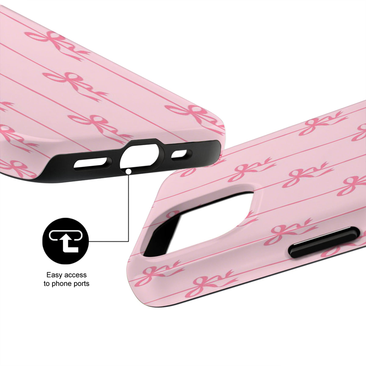 Pink phone case with brand logo and easy access to phone ports feature on a white background