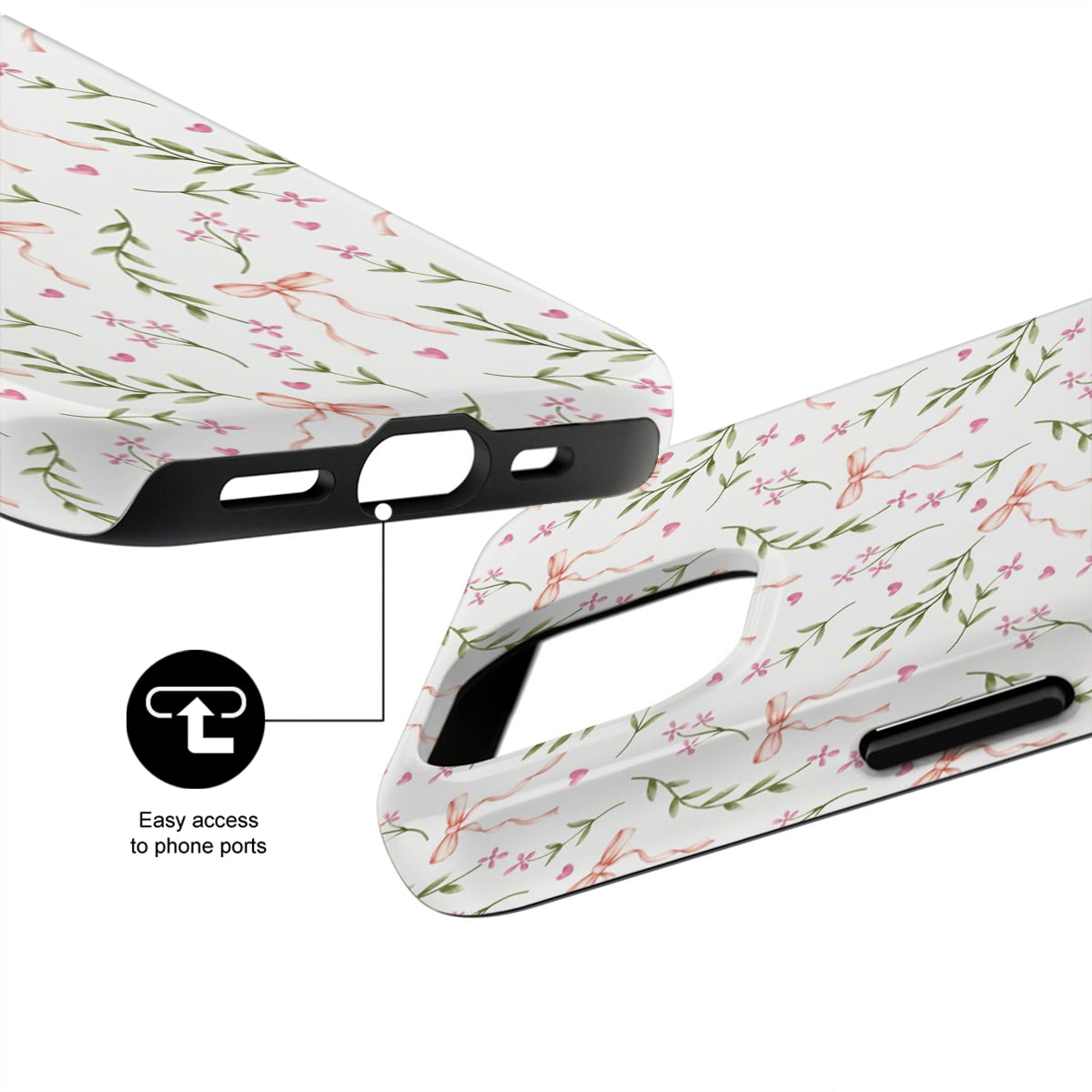 Floral phone case with ports easily accessible design on a white background