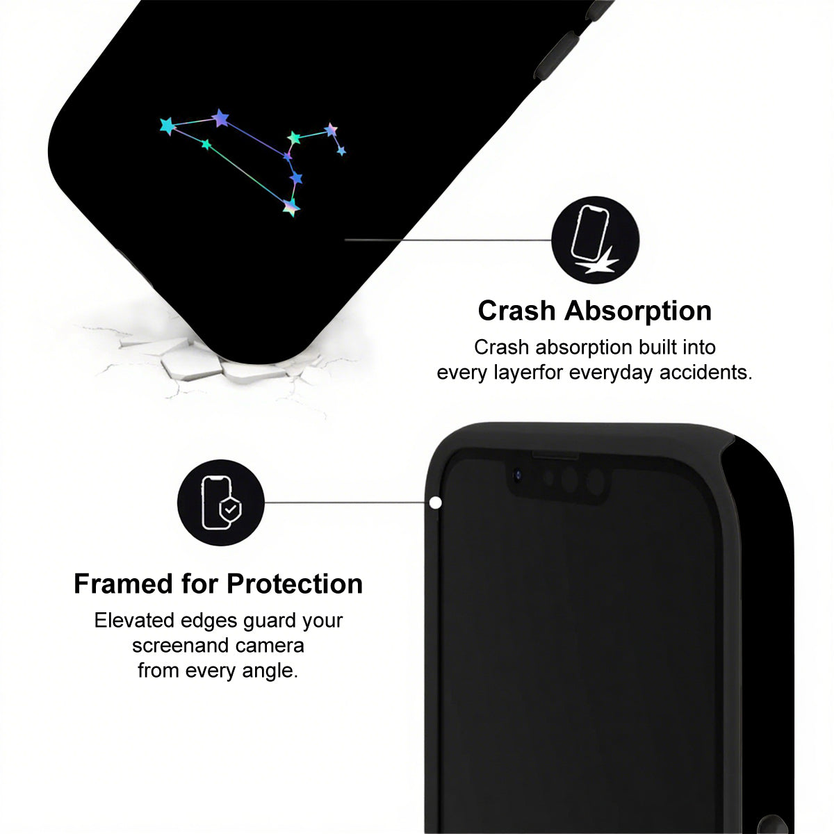 Black phone case with features highlighted on a white background