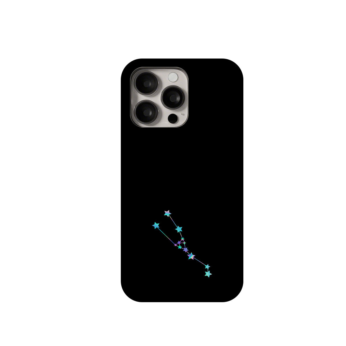 Black phone case with a blue star constellation design on a white background