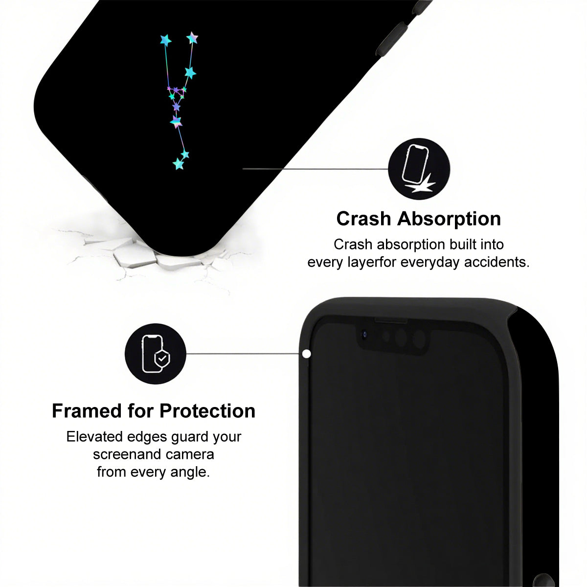 Black phone case with features highlighted on a white background