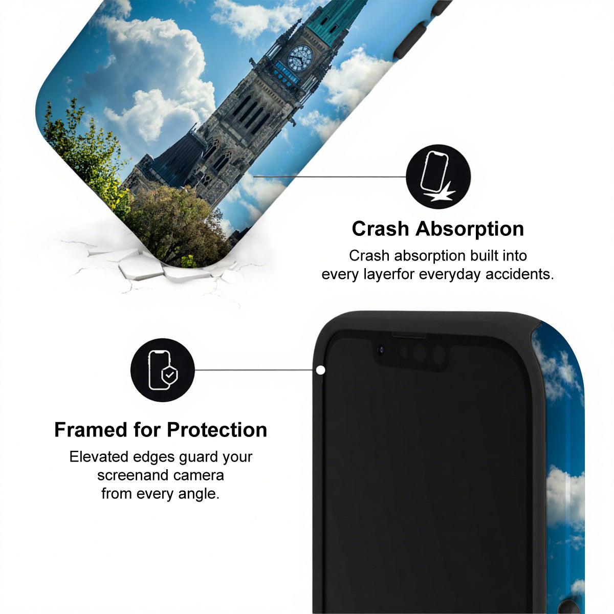 Phone case with crash absorption and framed protection features, featuring a scenic background.