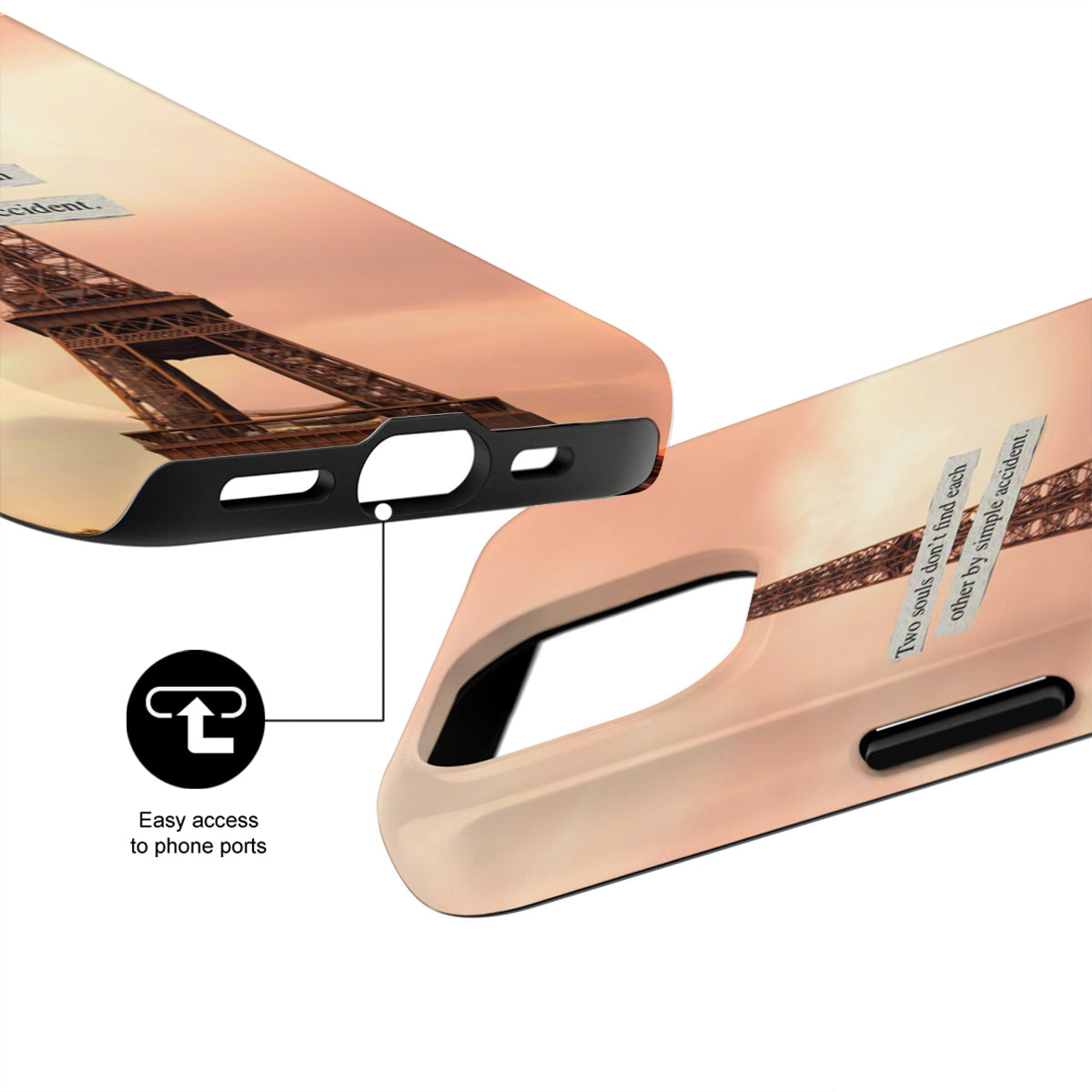 Phone case with Eiffel Tower design and text on a white background