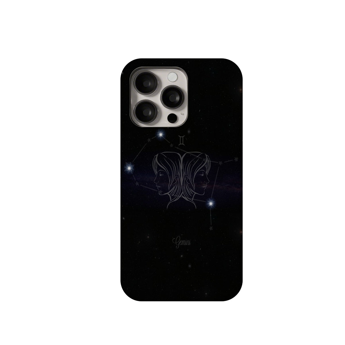 Black phone case with celestial design on a white background