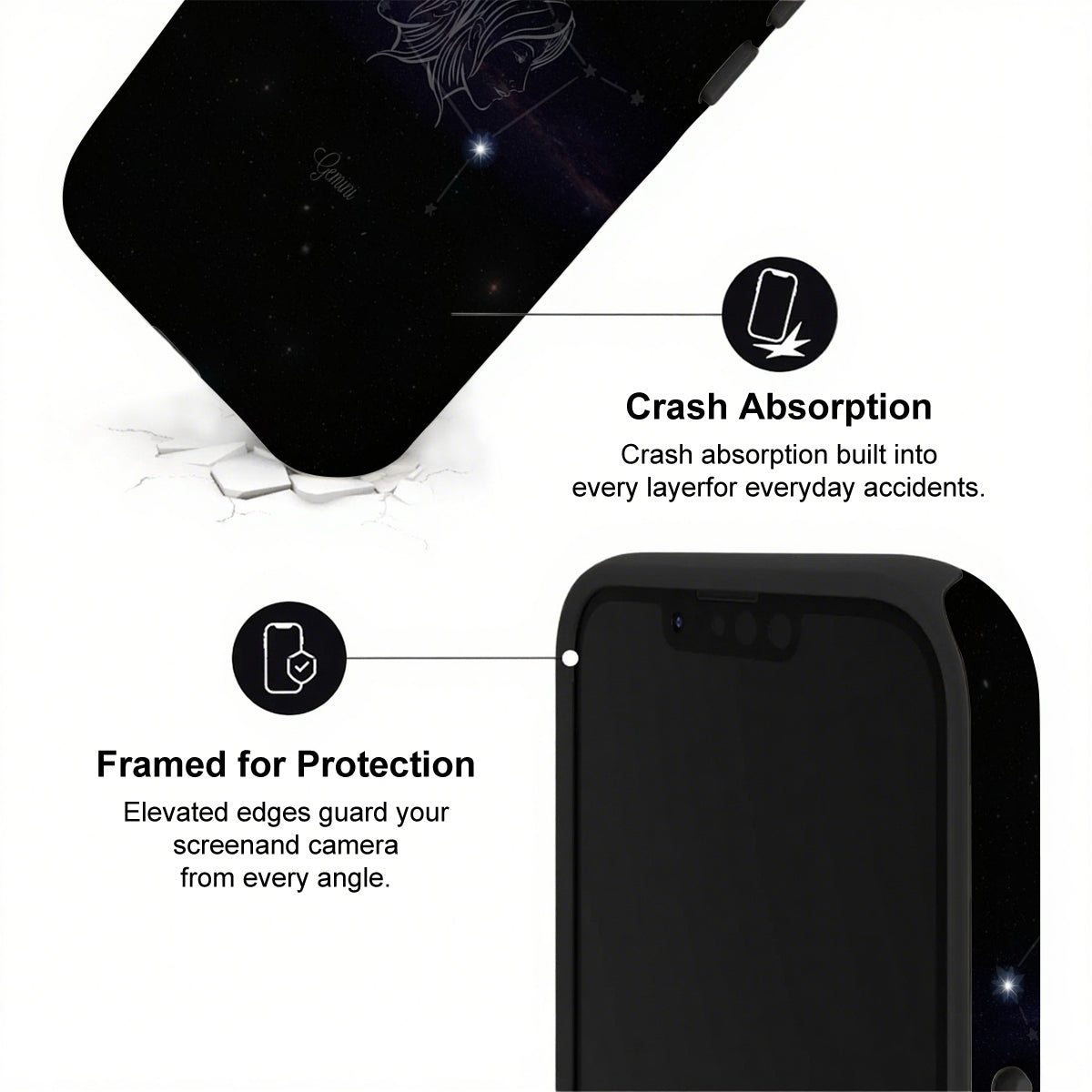 Black phone case with text highlighting crash absorption and protection features on a white background