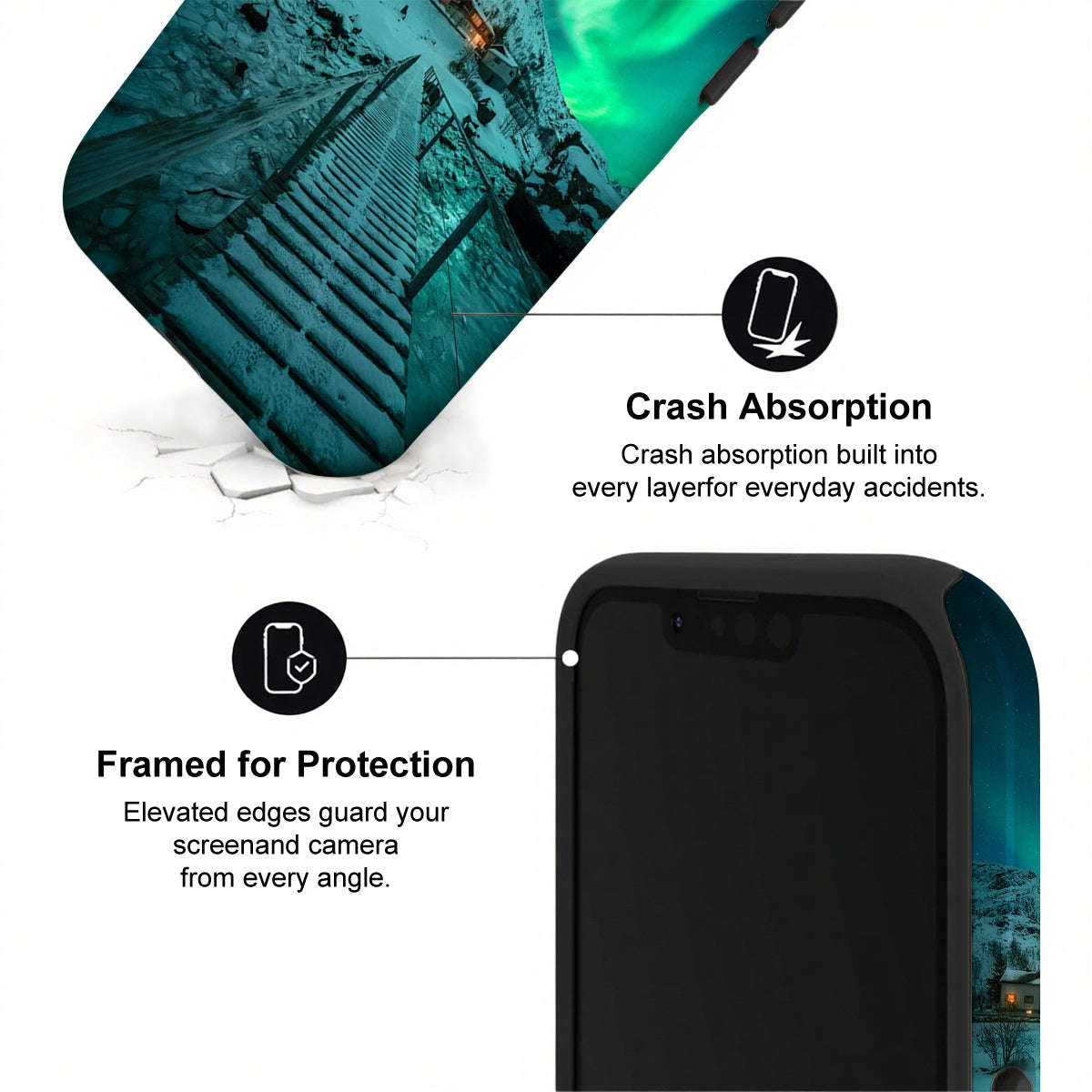 Phone case with crash absorption and framed protection features on a white background