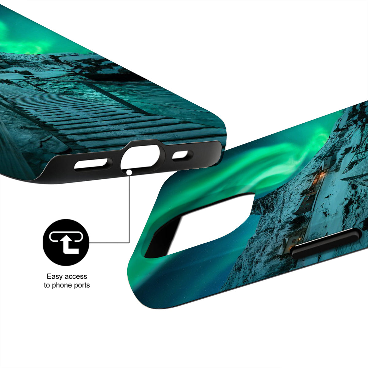 Phone case with green and blue design and text 'Easy access to phone ports'.