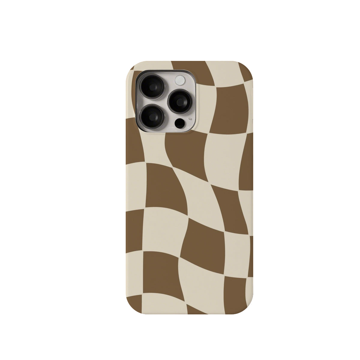 Phone case with brown and beige checkered pattern on a white background