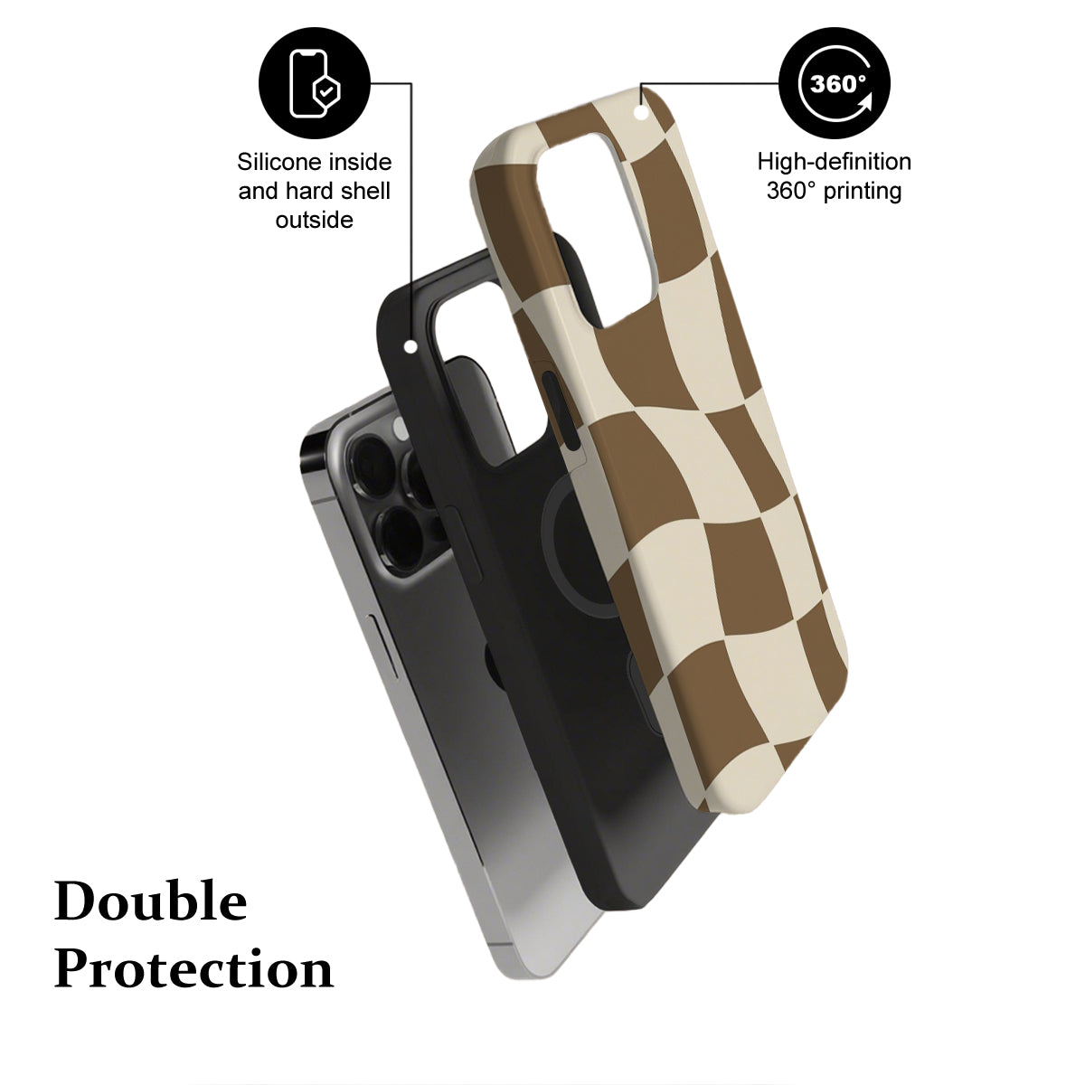 Phone case with checkered pattern and text highlighting features on a white background