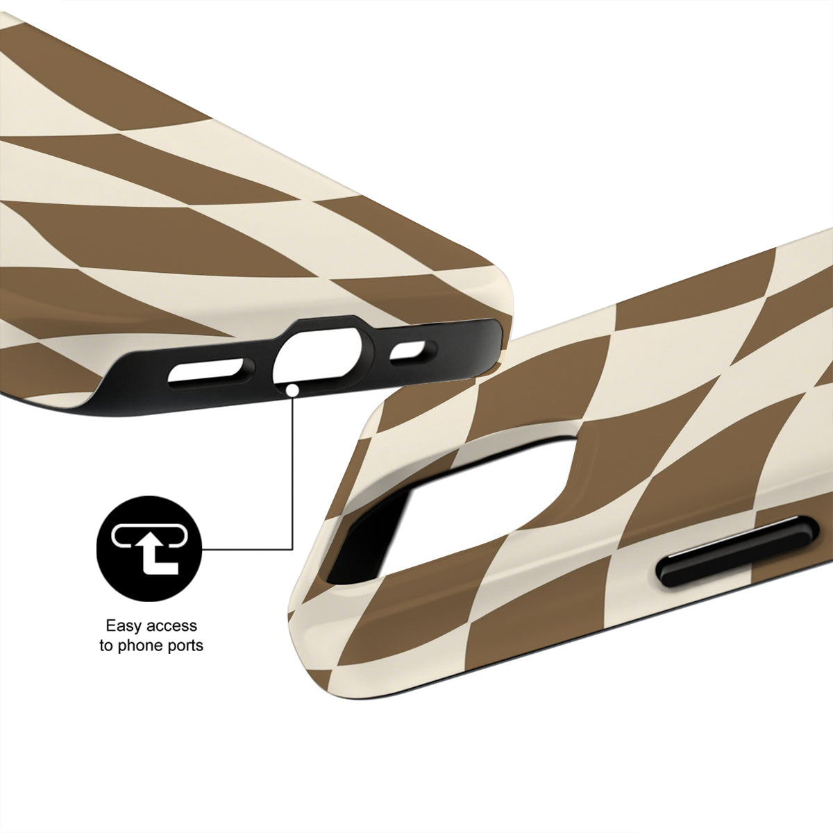 Phone case with brown and beige chevron pattern on a white background