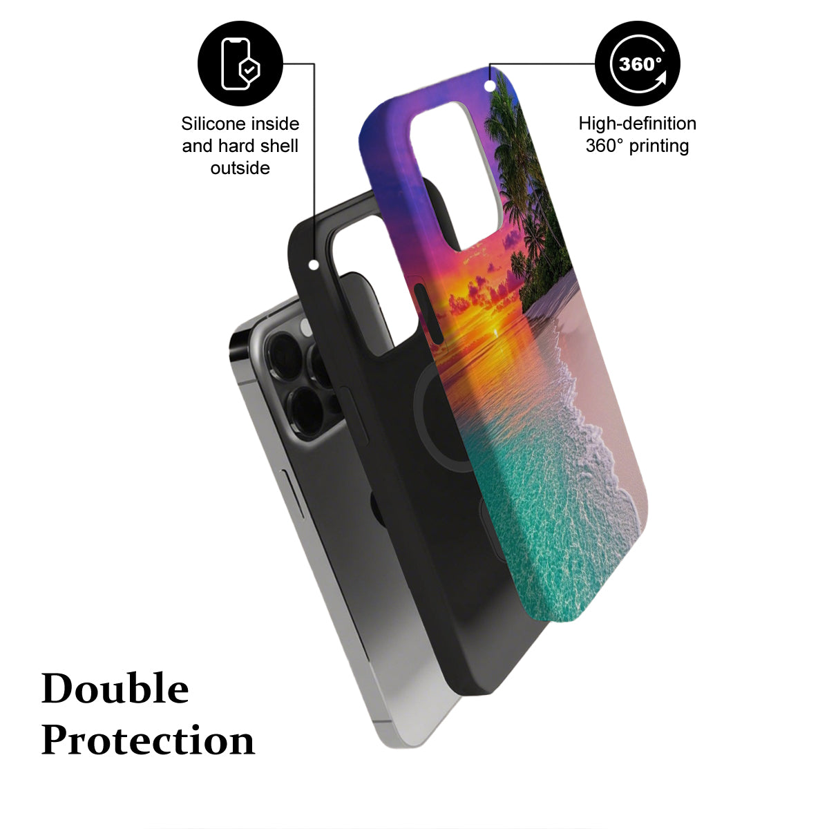 Phone case with beach scene design, highlighting features on a white background