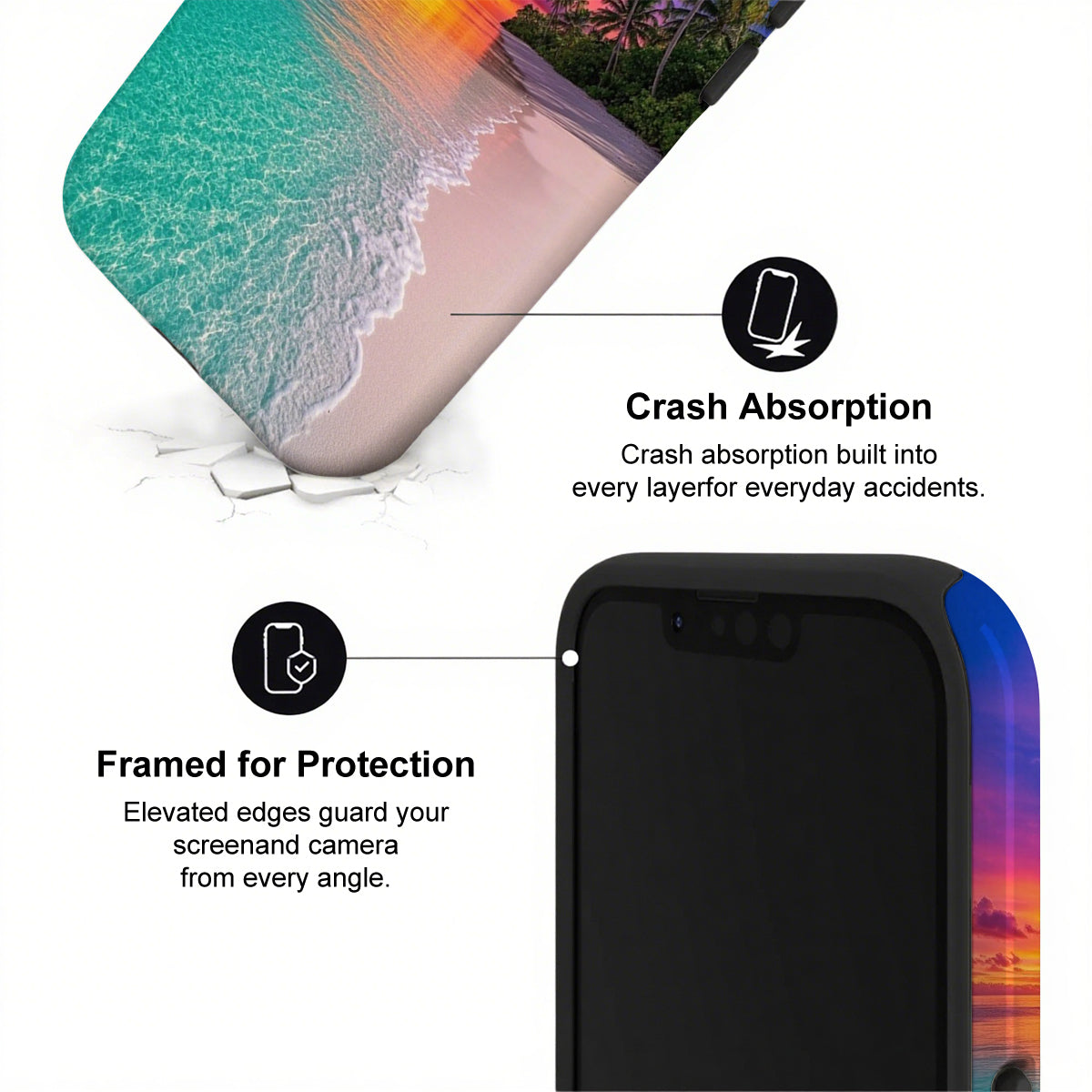 Phone case with crash absorption and framed protection features, beach scene in the corner.