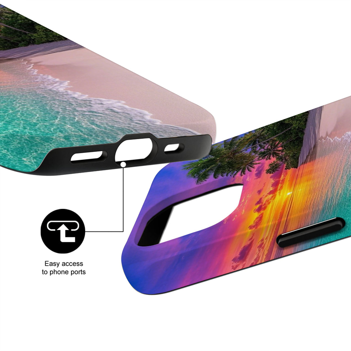 Phone case with beach and sunset design, showing easy access to phone ports.
